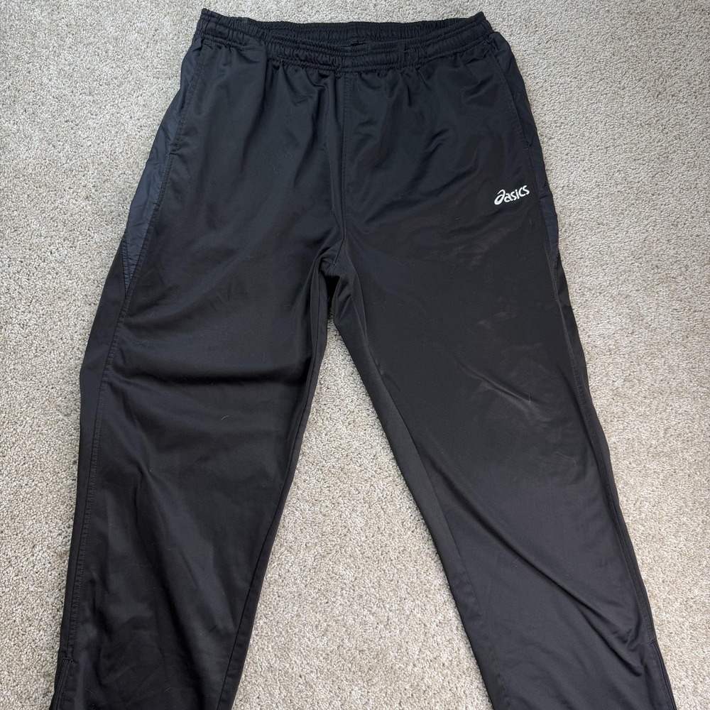 Asics Track Pants Mens Large Black Woven Elastic Waist Pockets Running Athletic
